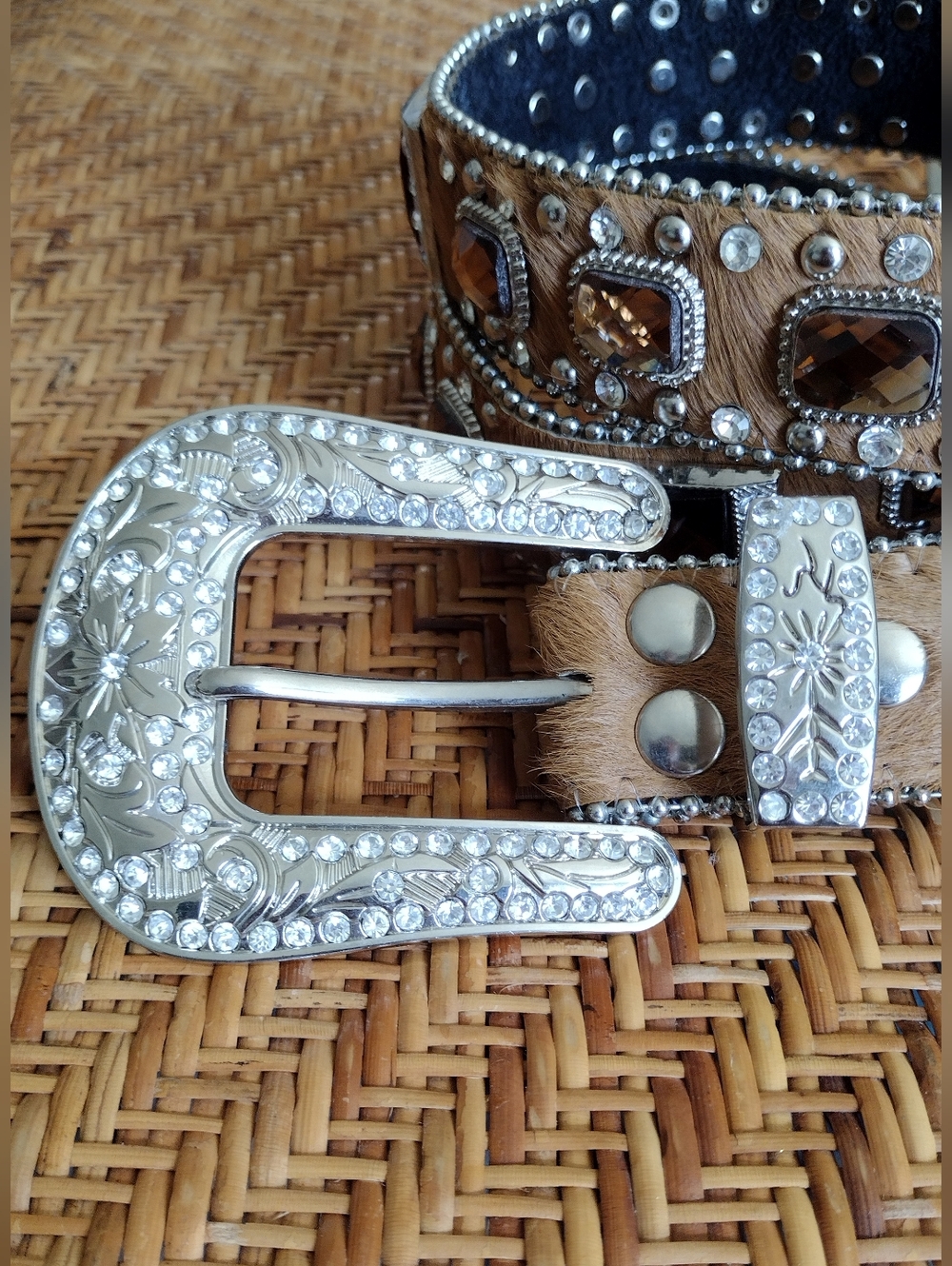 Women’s Embellished Brown Haircalf Western Belt with Silver Buckle - Picture 2 of 6
